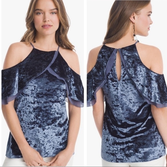WHBM Blue Cold Shoulder Crushed Velvet Flounce Top Sz S - Picture 1 of 8